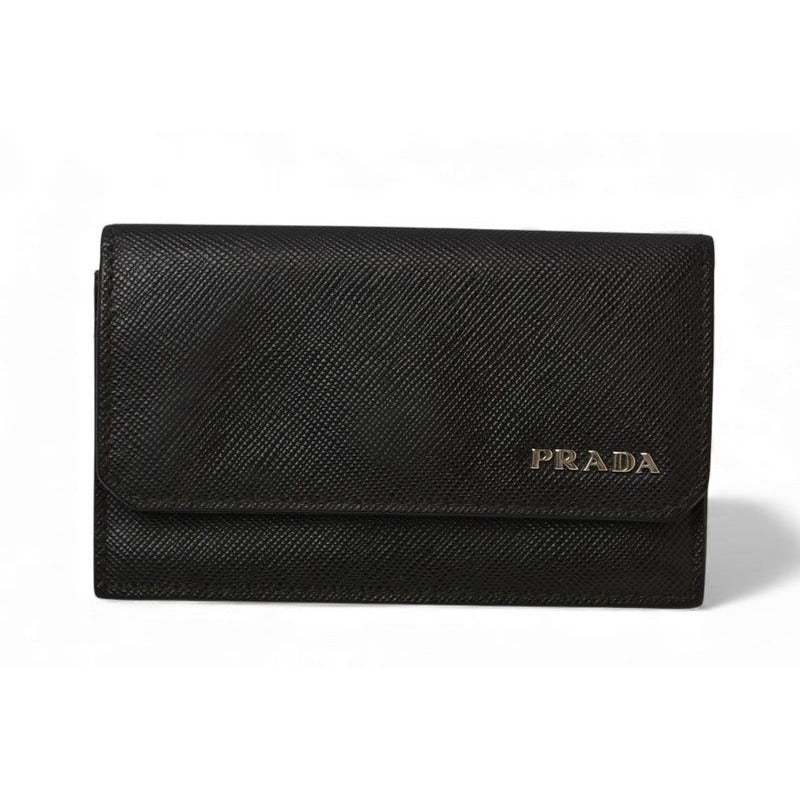 Prada Card Case Coin Business Holder Logo Leather Nero Black