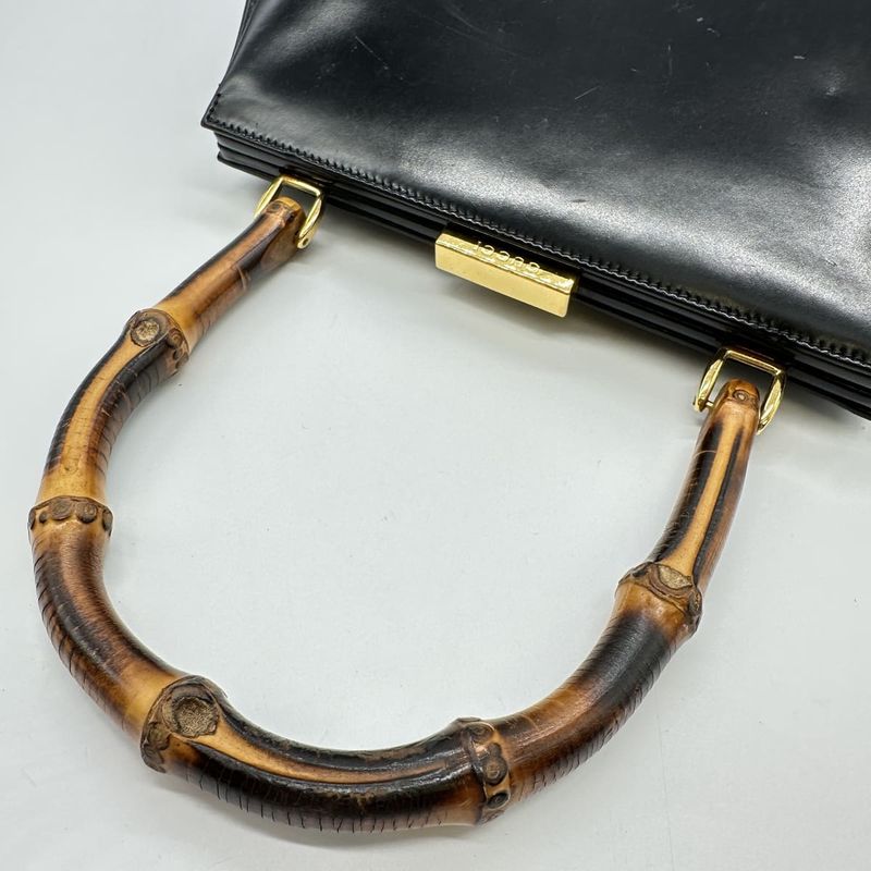 Gucci 000-781 Handbag Black Leather Bamboo Women Men Vintage Fashion  Gift