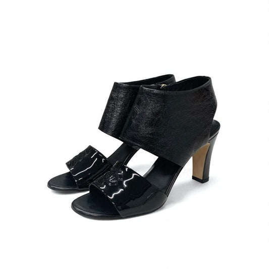 Chanel Sandals Shoes Leather Patent Black Coco Mark Wrinkle Processing