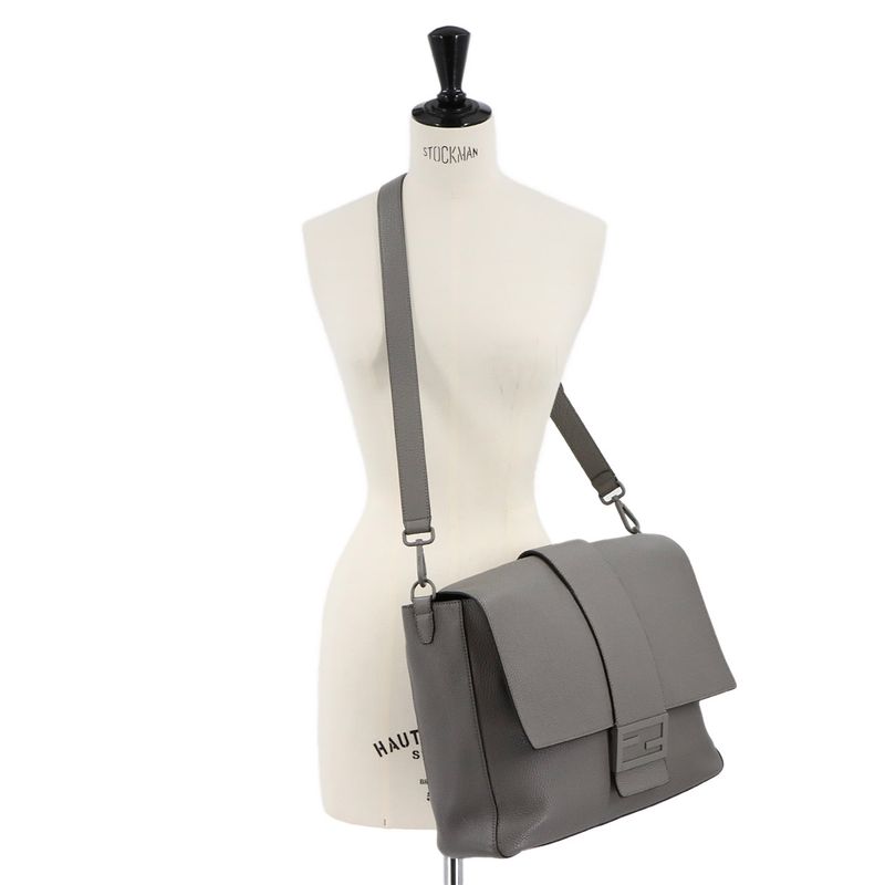 Fendi Baguette Shoulder Messenger Bag Leather Gray 7va536 Silver Hardware