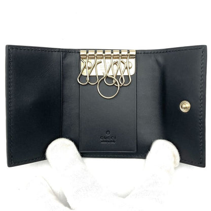 Gucci 388682 Key Case Leather Silver Hardware Ribbon Black Ladies Simple Fashion