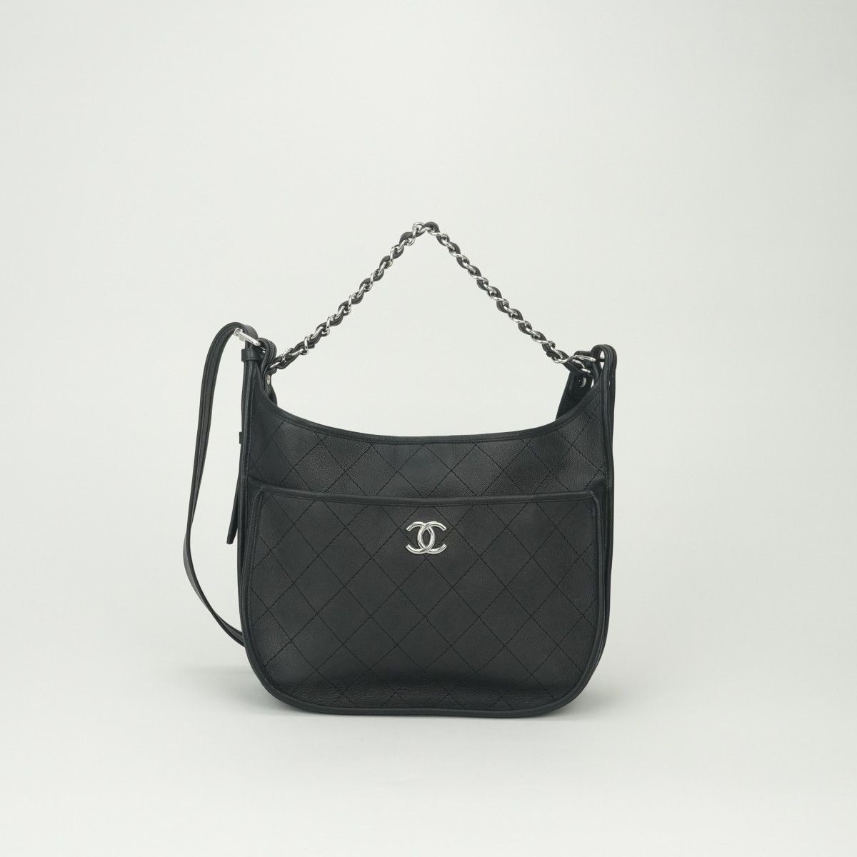 Chanel Quilted Tote Shoulder Bag Calfskin Black Silver CC Logo