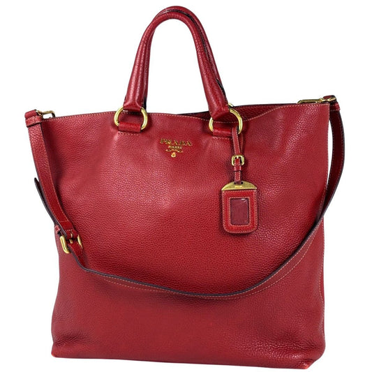 Prada Logo 2-Way Shoulder Bag Tote Leather Red