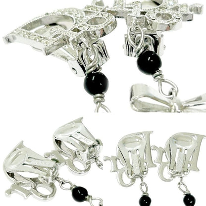 Christian Dior Metal Rhinestone Dior Logo Swing Ribbon Earrings Silver 291225