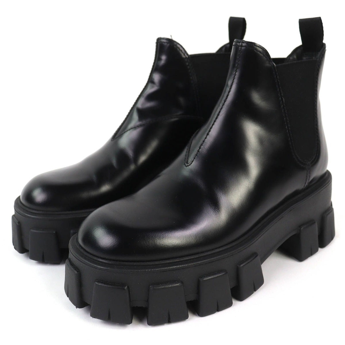 Prada Monolith Brushed Leather Chelsea Boots Side Gore Short Black
