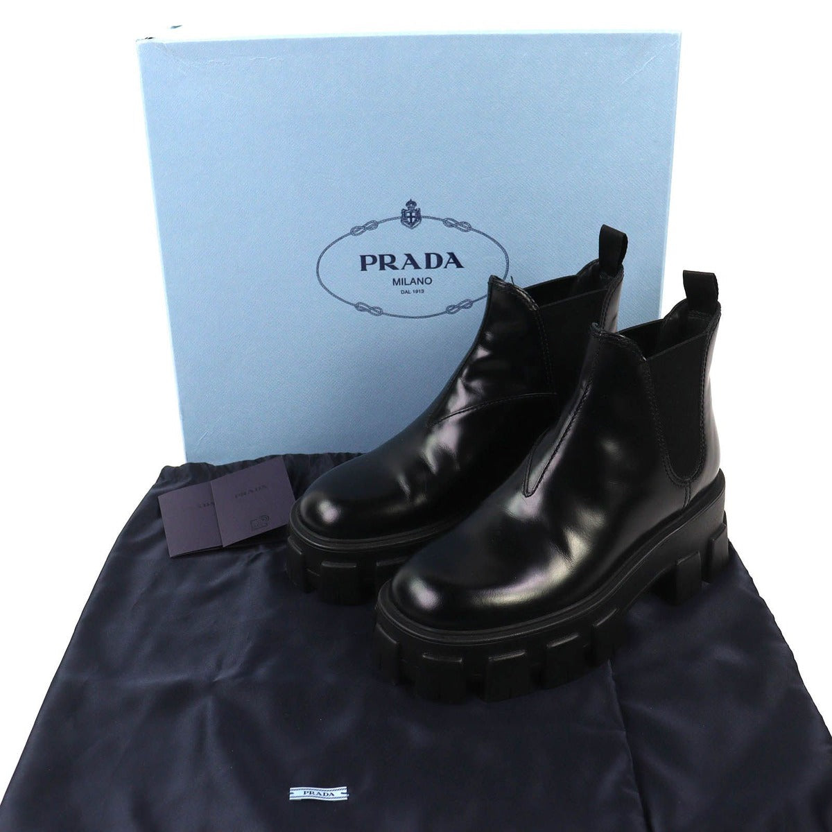Prada Monolith Brushed Leather Chelsea Boots Side Gore Short Black — view 2