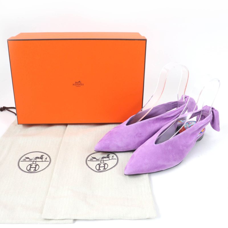 Hermes Eva Suede Leather Ribbon Ballet Shoes Flat Pumps Purple 37 With Box And