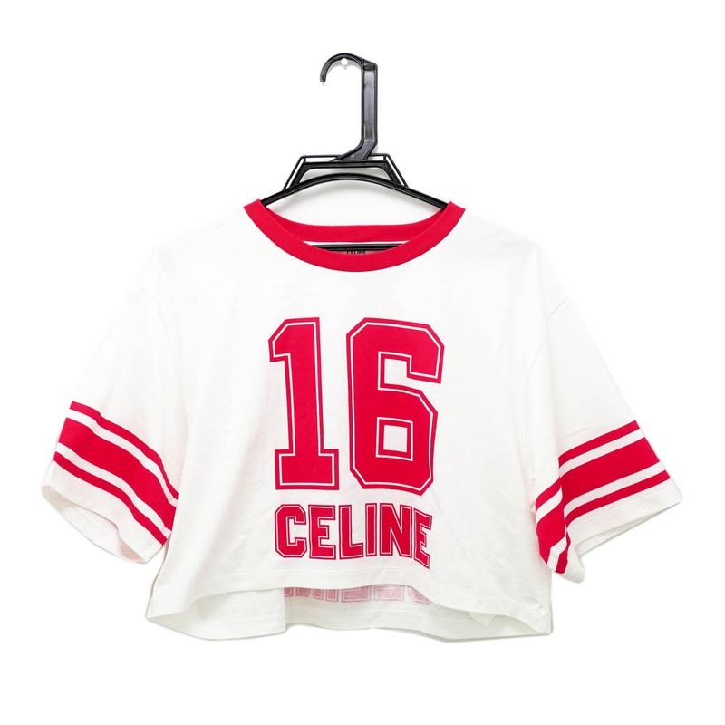 Celine Crop T-Shirt L Size White Red Cotton Apparel Clothes