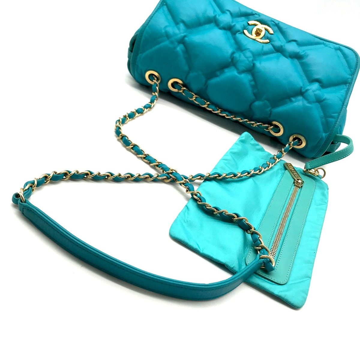 Chanel Bubble Quilt Double Chain Shoulder Bag Blue — view 5