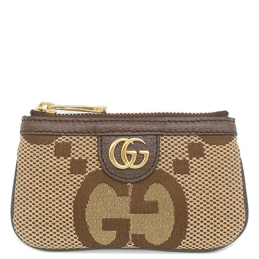 Gucci Coin Purse Jumbo GG Canvas Leather Brown Gold Key Case with Chain