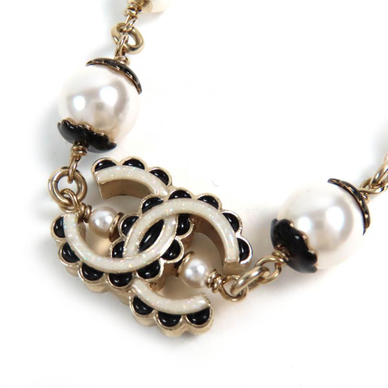 CHANEL Abe157 C24B Coco Mark Pearl Costume Necklace Choker Gold Black White