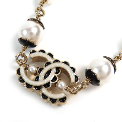 CHANEL Abe157 C24B Coco Mark Pearl Costume Necklace Choker Gold Black White