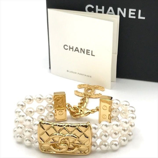 Chanel Bag Motif 3 Rows Pearl Gold Bracelet