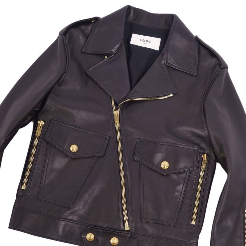 Celine Jacket 22AW Leather Jacket Biker Jacket Double Riders Lambleather