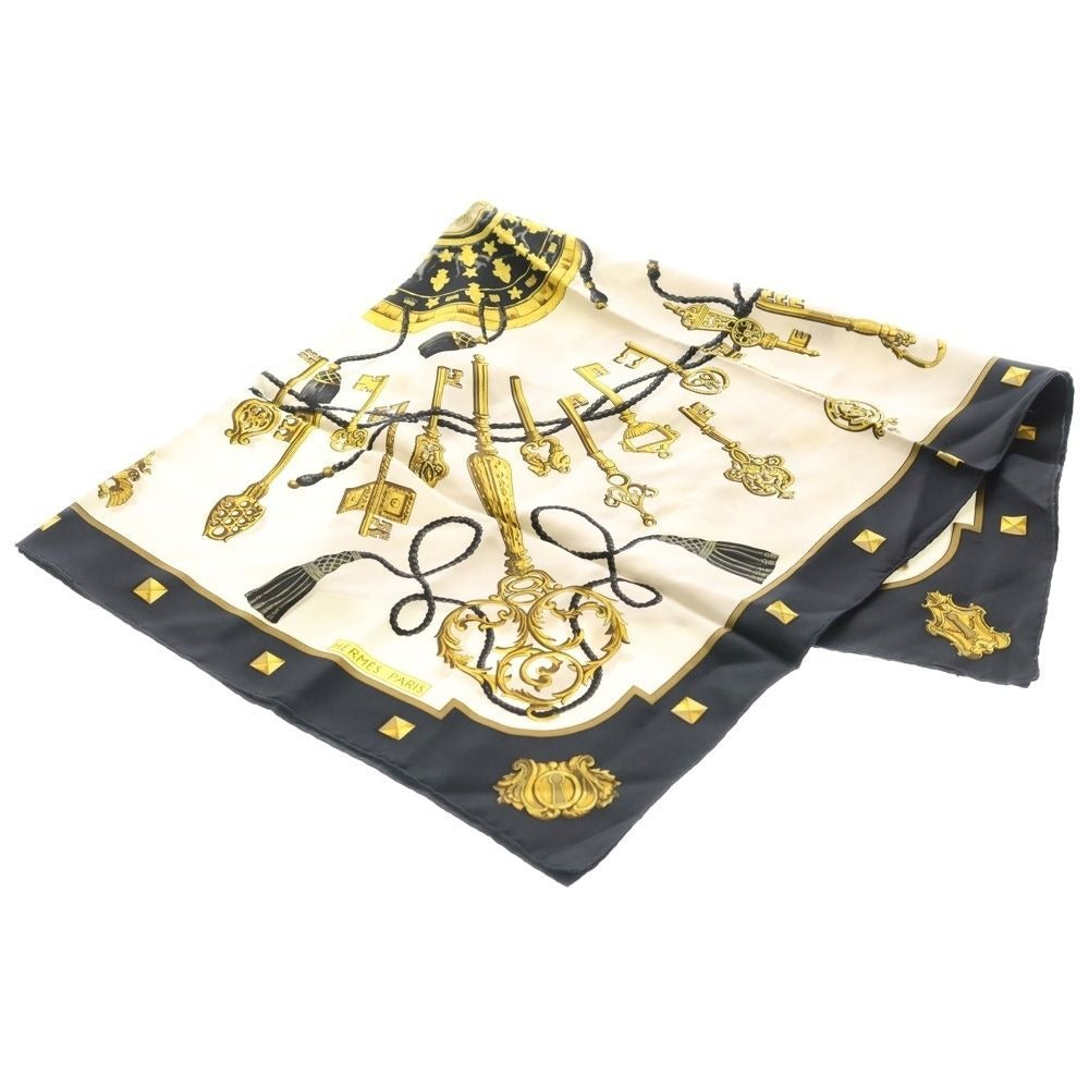 Hermes Carre 90 les Cles Key Motif Black Silk Scarf White
