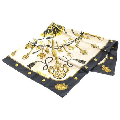 Hermes Carre 90 les Cles Key Motif Black Silk Scarf White