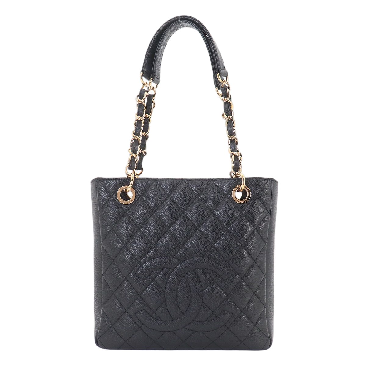 Chanel Quilted Petite Shopping Tote PST Chain Caviar Leather Black Gold
