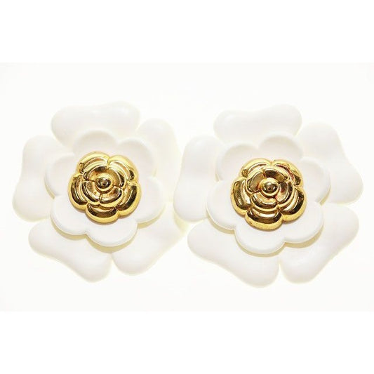 Chanel Camellia Earrings Flower Motif Vintage White Gold Aa