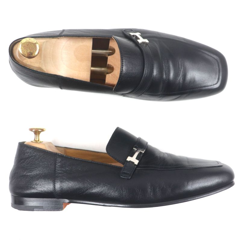 Hermes 2023 231992 Leather Silver Hardware H Logo Square Toe 2 Way Loafer