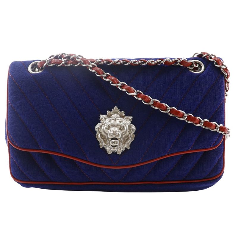 Chanel Double Chain Shoulder V-stitched Lion Chevron Cotton Navy Blue/red