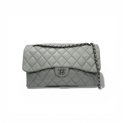 Chanel Shoulder Bag Gray Silver Big Quilted Turnlock CC Logo Single