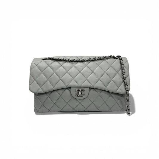 Chanel Shoulder Bag Gray Silver Big Quilted Turnlock CC Logo Single