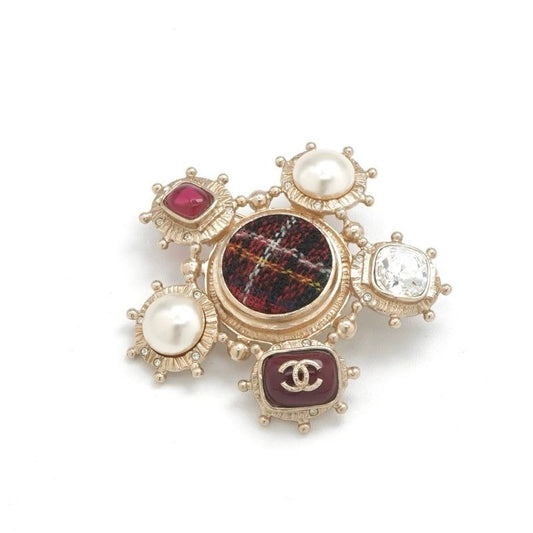Chanel Brooch Corsage Gold Red Coco Mark Pearl Bijou Tweed