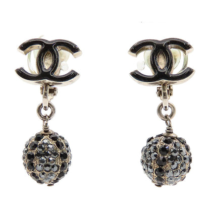 Chanel Drop Earrings CC Logo Swing Ball 09A Black Rhinestone Metal