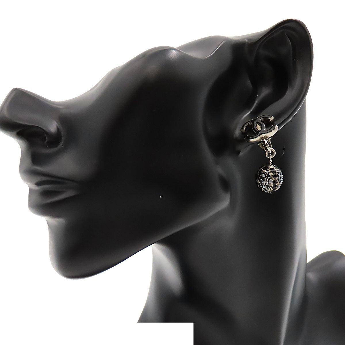 Chanel Drop Earrings CC Logo Swing Ball 09A Black Rhinestone Metal — view 7
