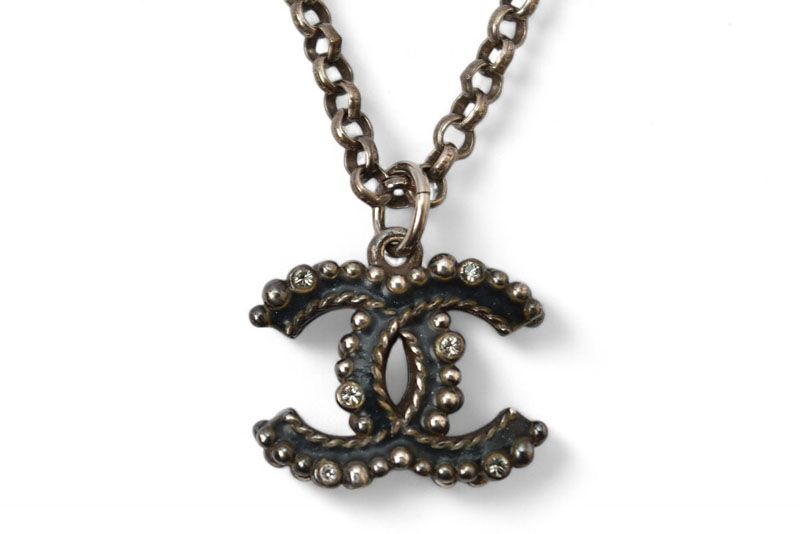 Chanel Necklace Pendant Chanel Coco CC Rhinestone Antique Silver 17 Mens Ladies