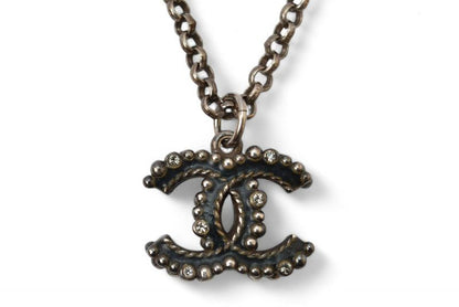 Chanel Necklace Pendant Chanel Coco CC Rhinestone Antique Silver 17 Mens Ladies