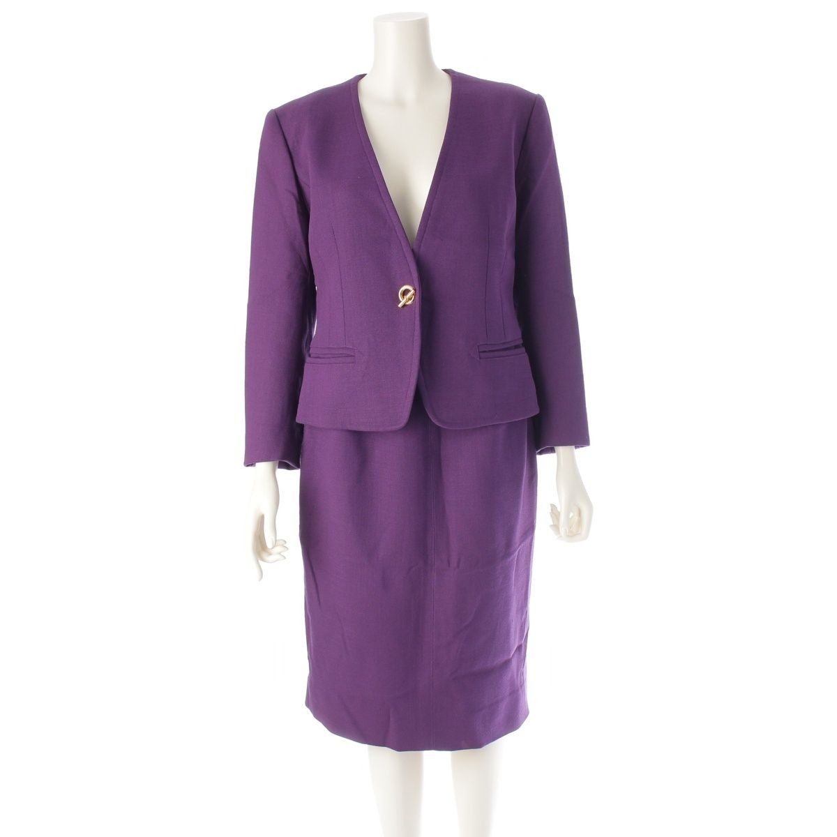 Hermes Wool Toggle T Bar Collarless Jacket Skirt Set Purple Gold 40
