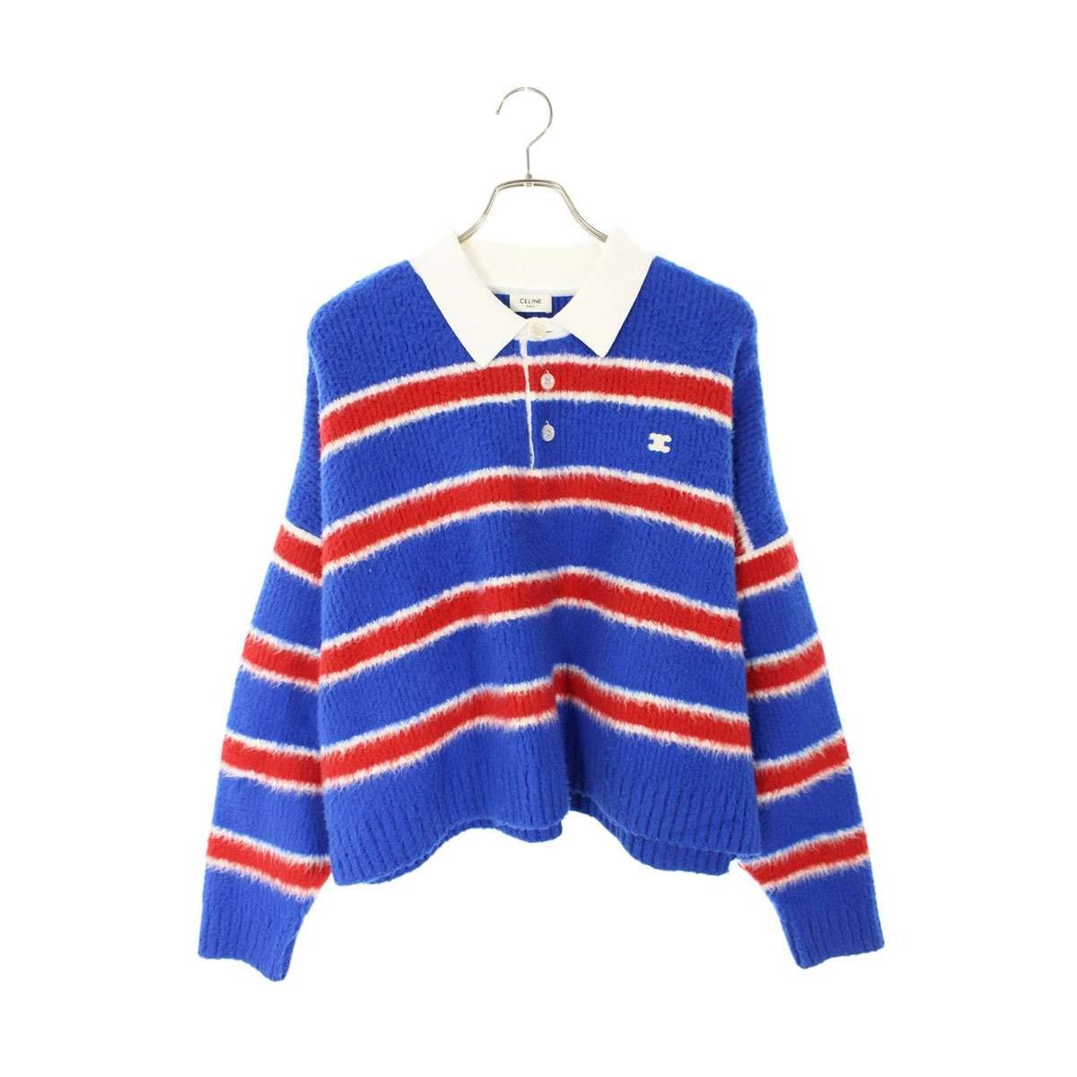 Celine Brushed Striped Cropped Polo Knit Blue White Red