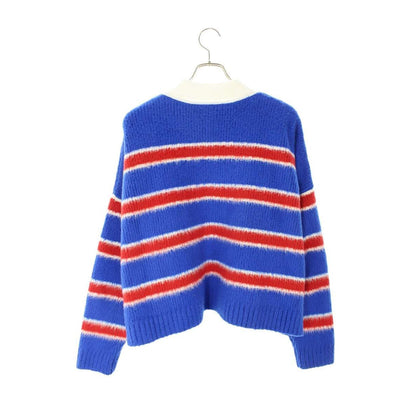 Celine Brushed Striped Cropped Polo Knit Blue White Red — view 2