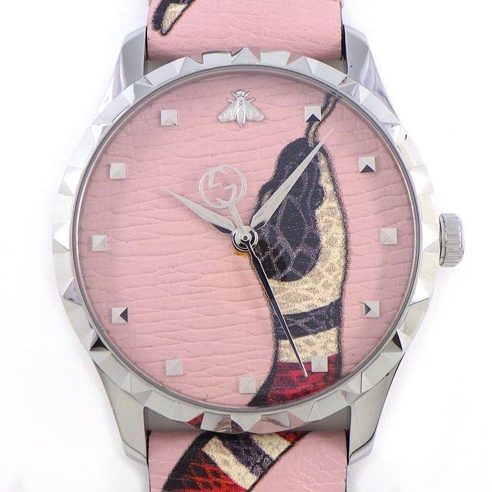 Gucci Watch Timeless 126.4 Snake Pattern Pink Dial SS Leather Strap Quartz