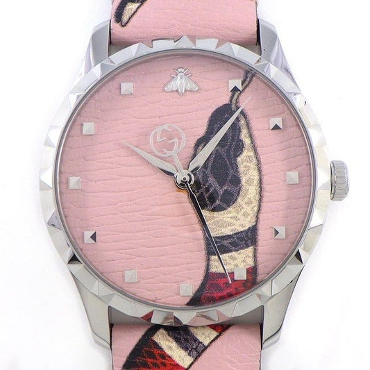 Gucci Watch Timeless 126.4 Snake Pattern Pink Dial SS Leather Strap Quartz
