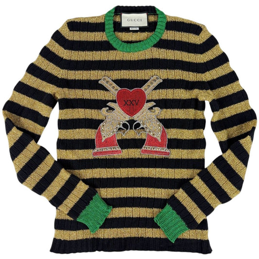 Gucci Border Knit Studded Heart Top Sweater Gold Black Green