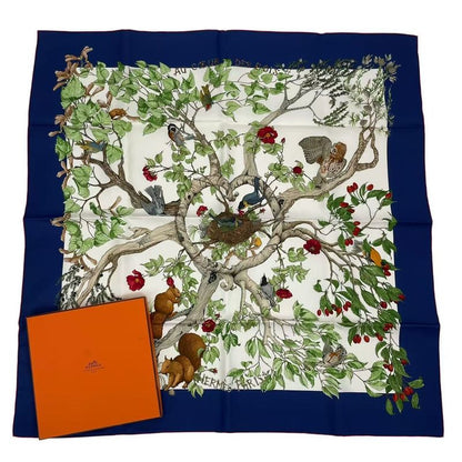 Hermes Carre 90 AU Coeur DES BOIS In The Woods Scarf Silk Navy With Box