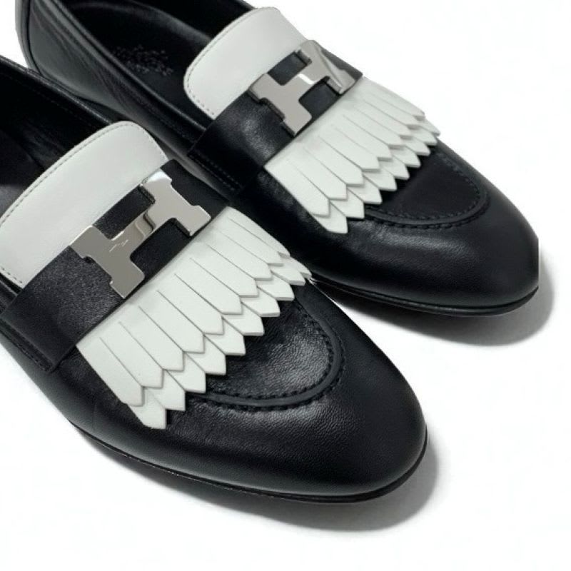 Hermes Royale Loafers Leather Shoes Black White Hhardware Fringe