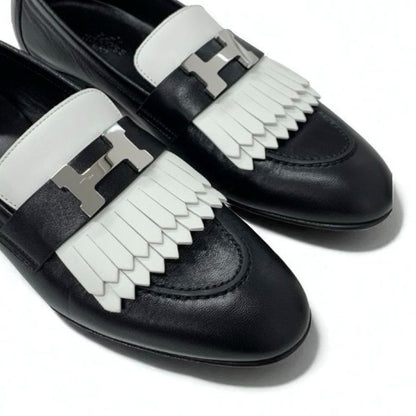 Hermes Royale Loafers Leather Shoes Black White Hhardware Fringe