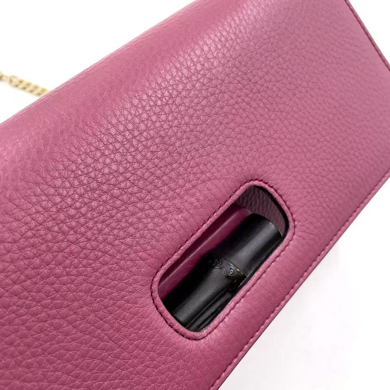 Gucci Bamboo Chain Leather Pink Purple Shoulder Bag Gold 387611