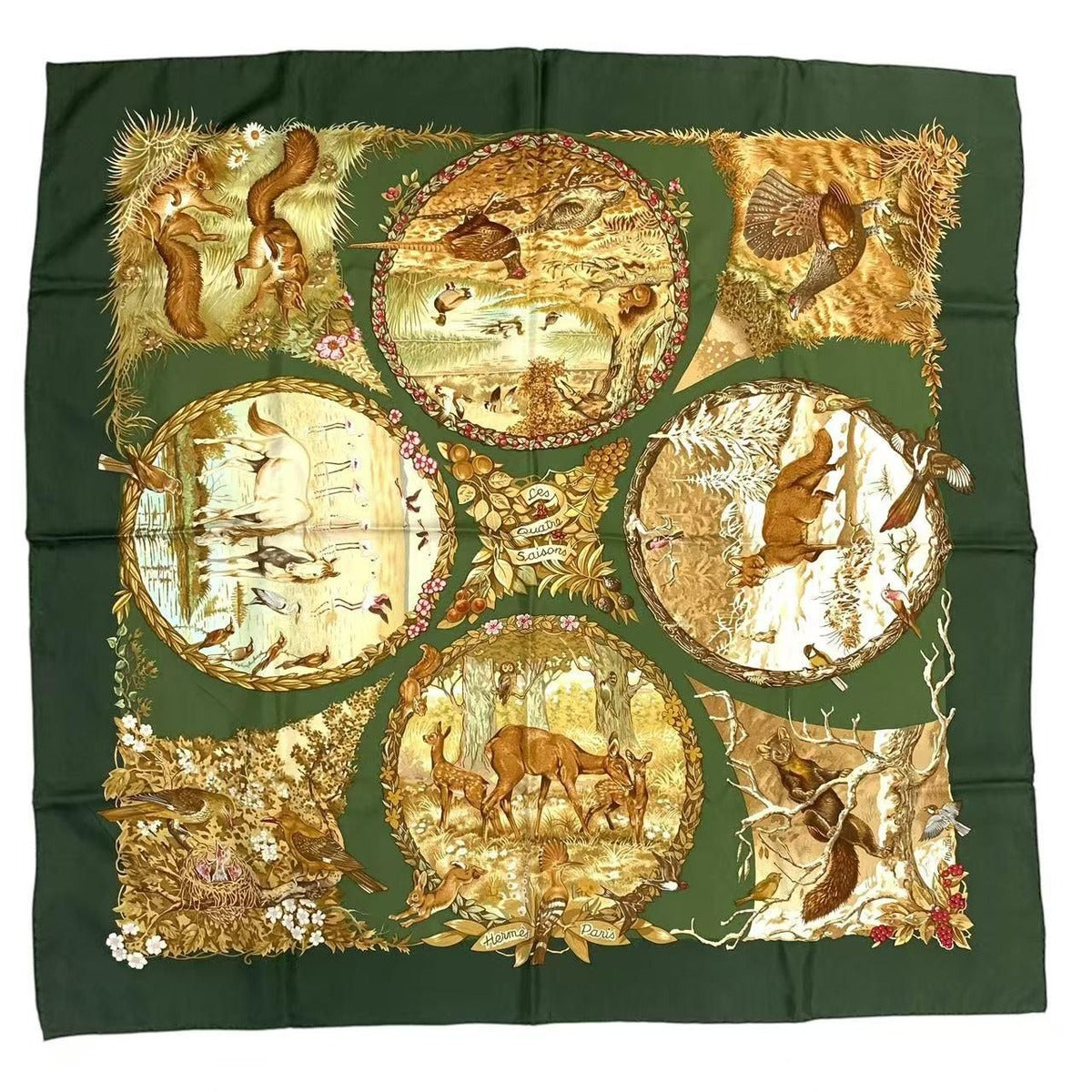 Hermes Carre 90 Scarf les Quatre Saisons Four Seasons Silk Green