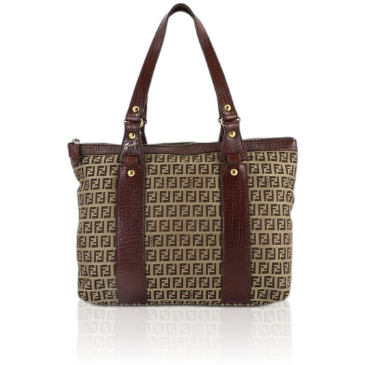 Fendi Zucchino Tote Canvas Leather Beige Brown Gold