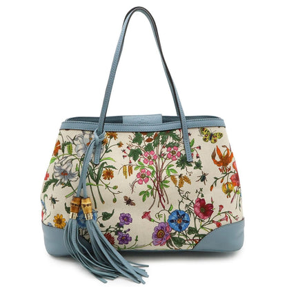 Gucci Flora Tote Shoulder Bag Semi Floral Pattern Canvas Leather