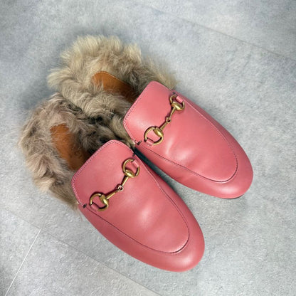 Gucci Prince Town Horsebit Loafer Sandal Fur Slip on Pink Gold Hardware Leather