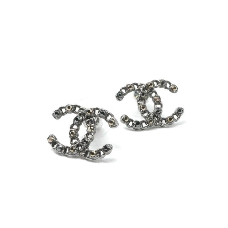 Chanel Earrings Earring Silver Black Coco Mark Rhinestone