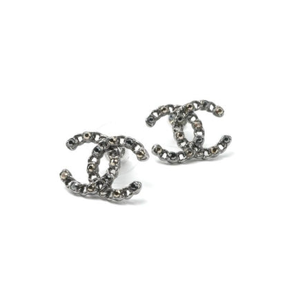 Chanel Earrings Earring Silver Black Coco Mark Rhinestone