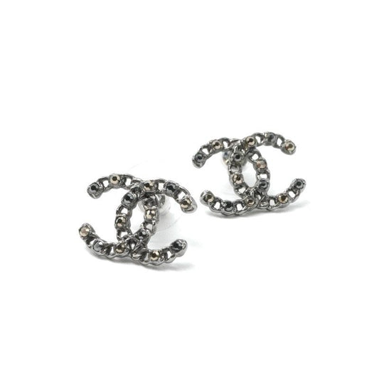 Chanel Earrings Earring Silver Black Coco Mark Rhinestone