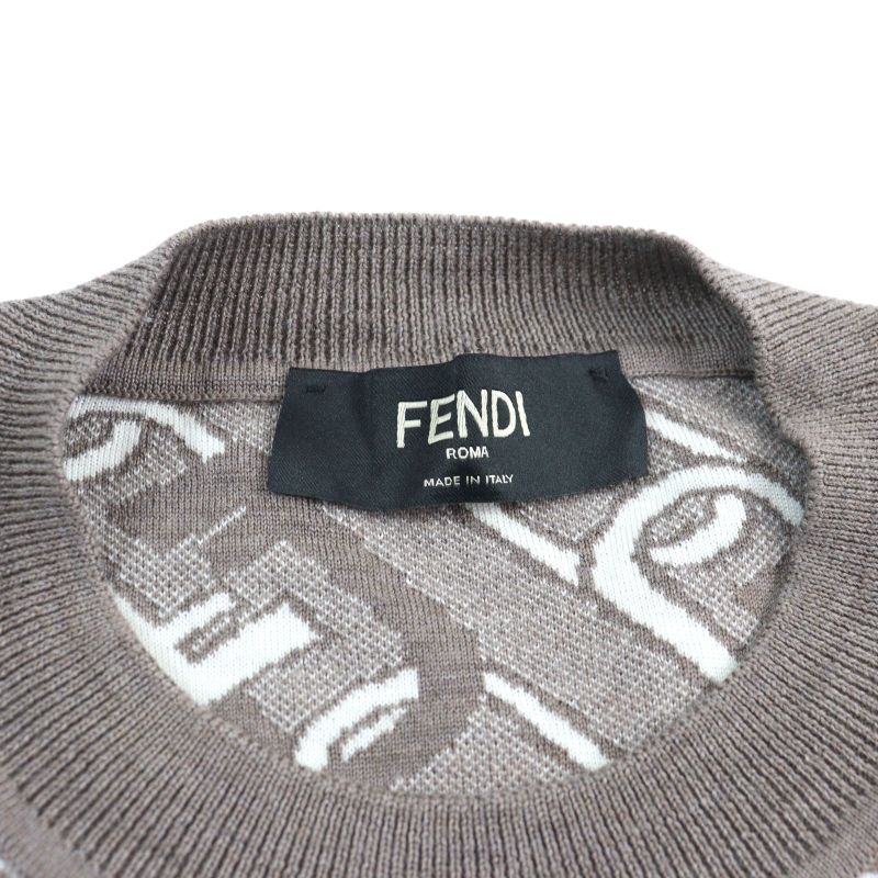 Fendi 2022 Fzx061 100% Virgin Wool FF Logo Orock Chain Allover Pattern Crew