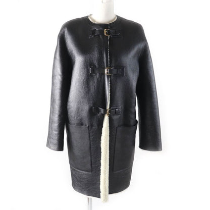 Louis Vuitton Sheepskin Reversible Belt Design Collarless Mouton Coat Black/whit